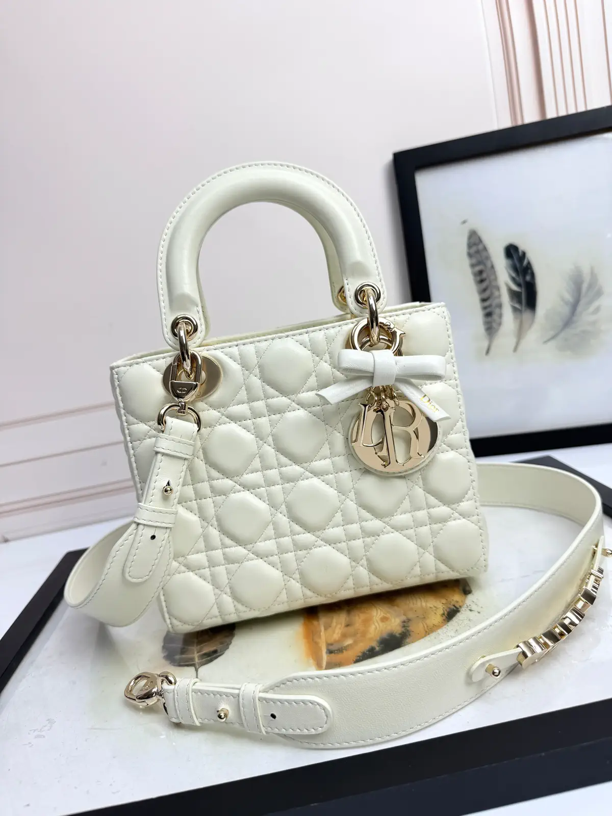 Dior White Quilted Mini Top Handle Bag with Bow Charm image 1