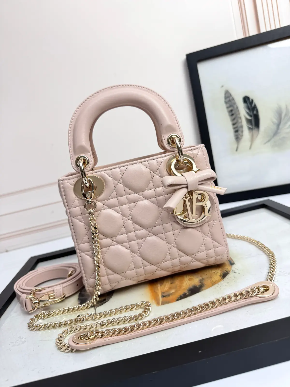 Dior Lady Mini Quilted Top Handle Bag with Bow Charm image 1