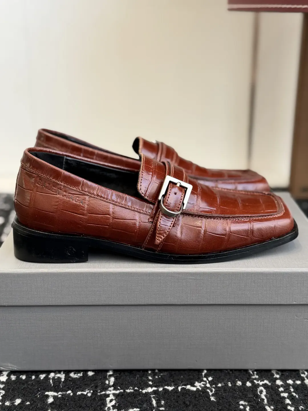 Balenciaga Square Toe Croc-Embossed Leather Loafers image 1