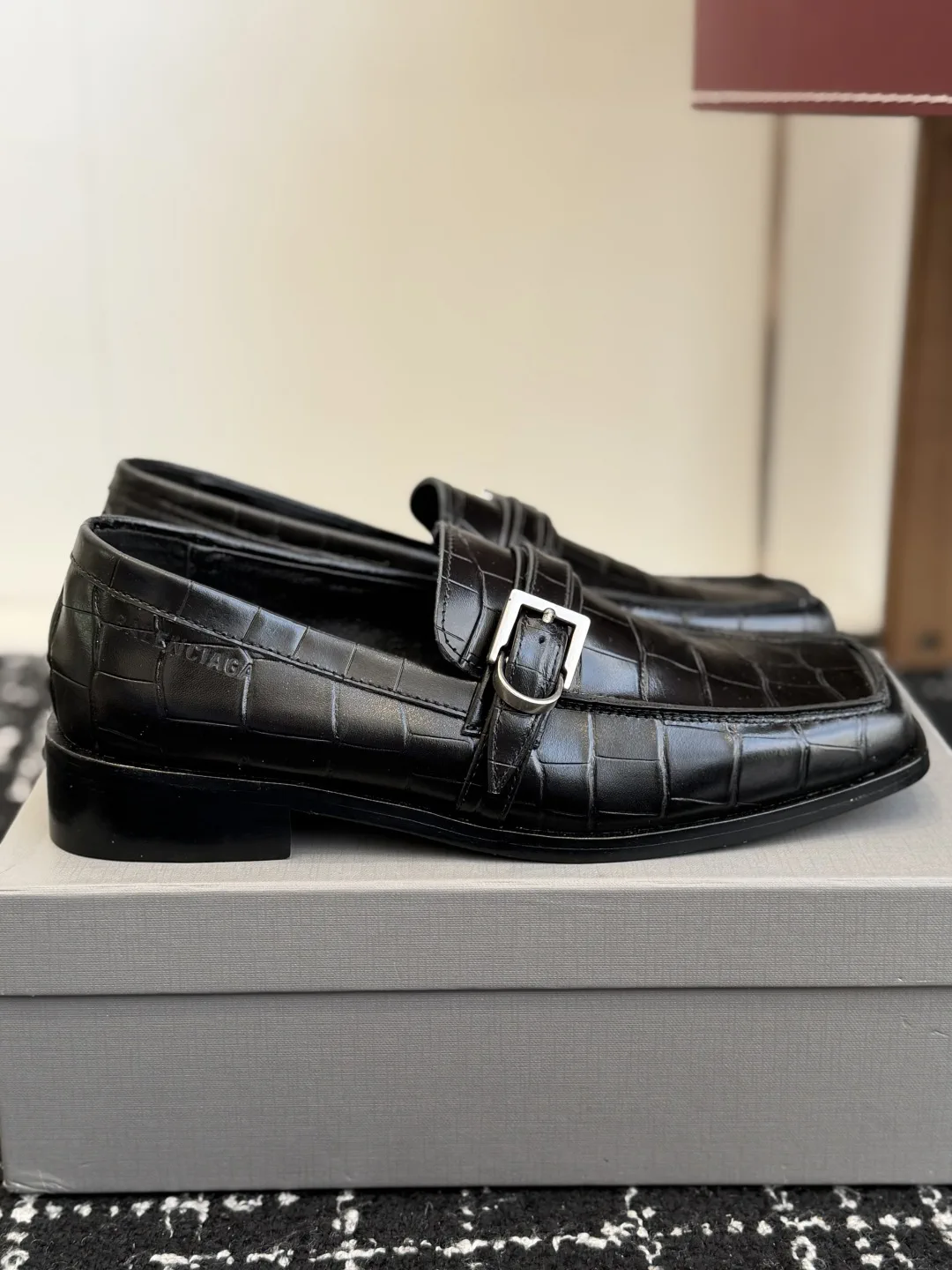 Balenciaga Square Toe Croc-Embossed Leather Loafers image 1