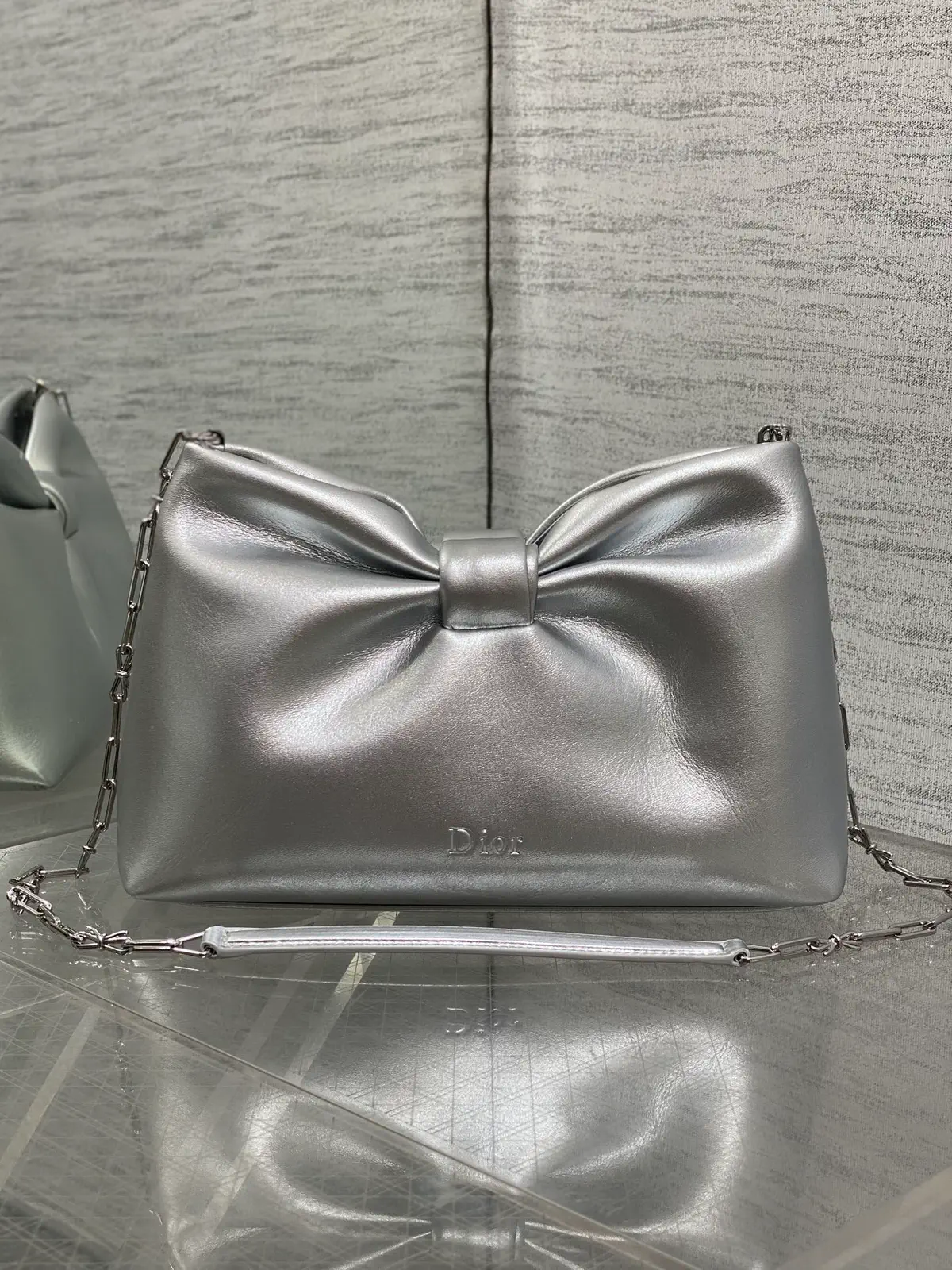 Dior Metallic Silver Bow Detail Chain Bag image 1