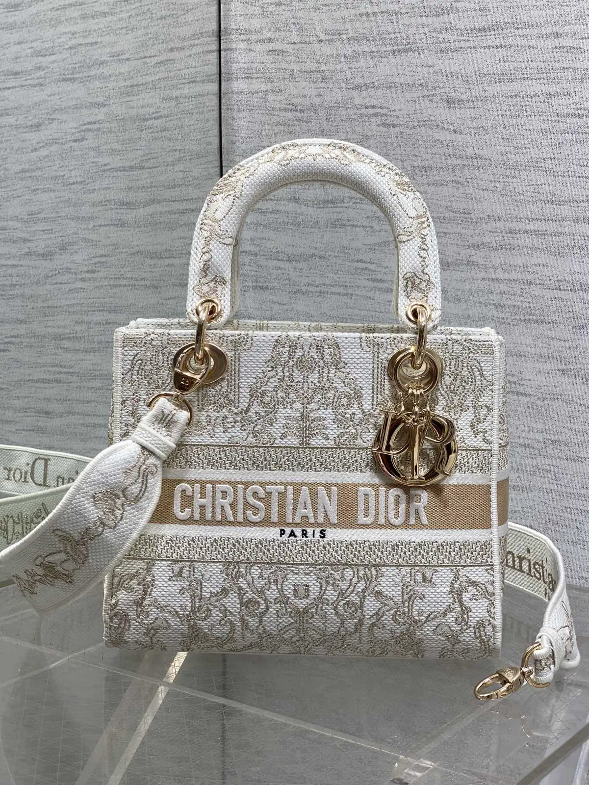 Dior White Gold Embroidered Top Handle Bag image 1