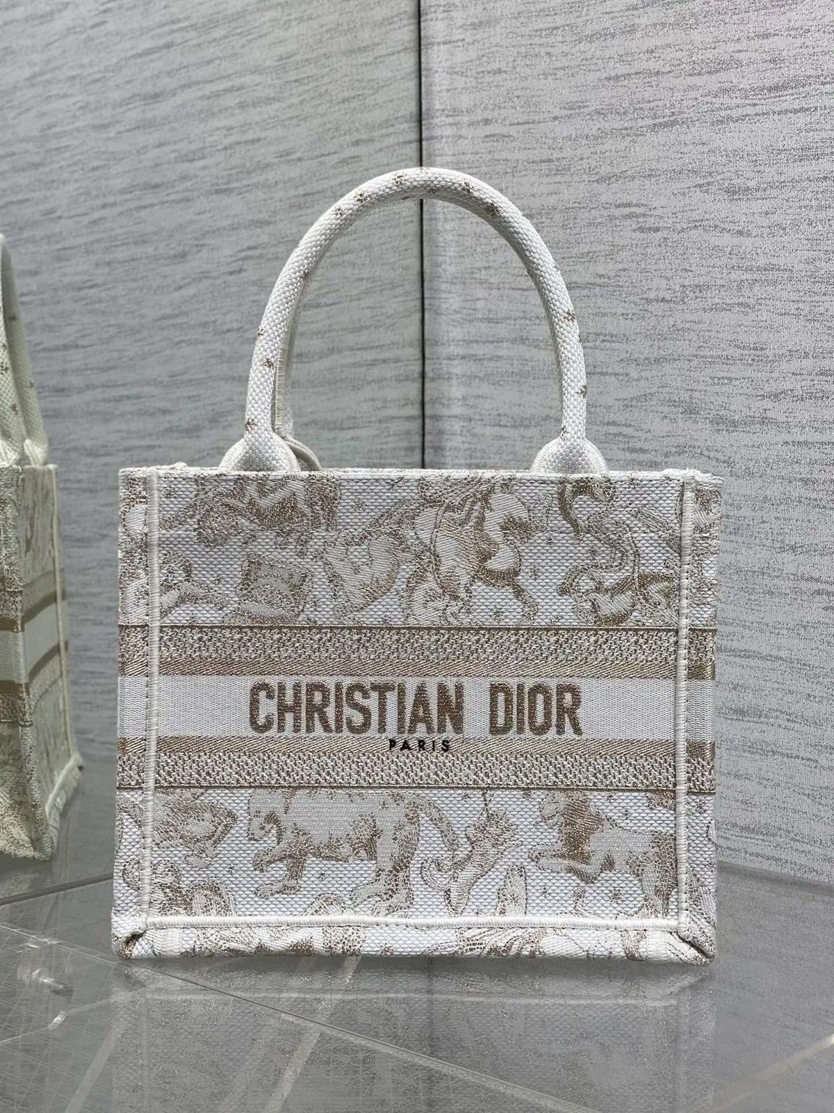 Dior White Gold Embroidered Book Tote Bag image 1