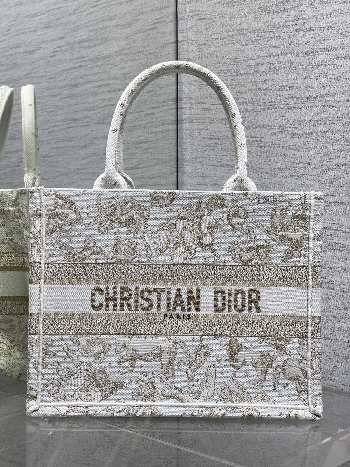 Dior White Gold Embroidered Canvas Book Tote Bag image 1