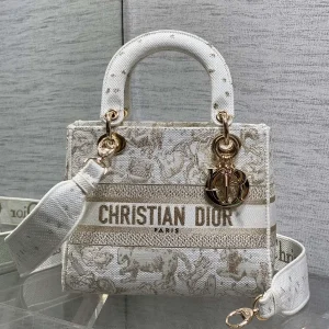 Dior White Gold Embroidered Lady D-Lite Top Handle Bag image 1