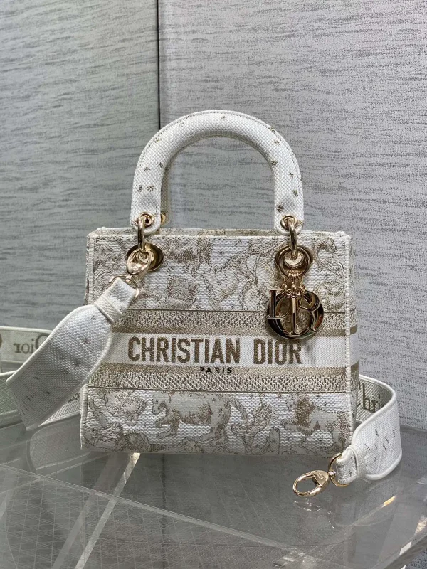 Dior White Gold Embroidered Lady D-Lite Top Handle Bag image 1