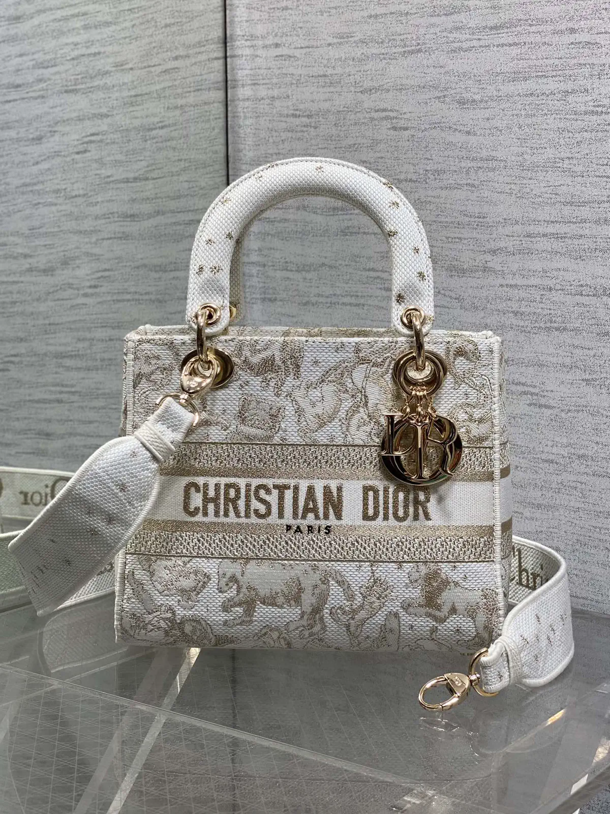 Dior White Gold Embroidered Lady D-Lite Top Handle Bag image 1