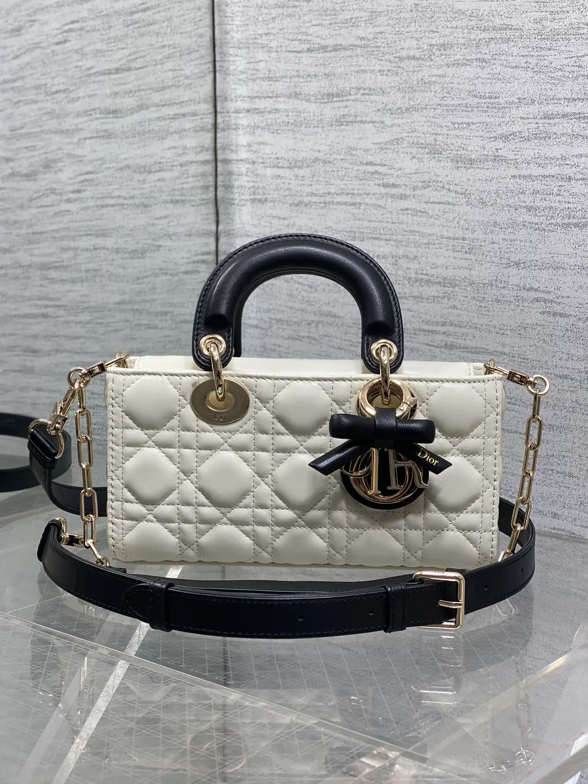 Dior White Quilted Top Handle Bag with Bow Hardware image 1