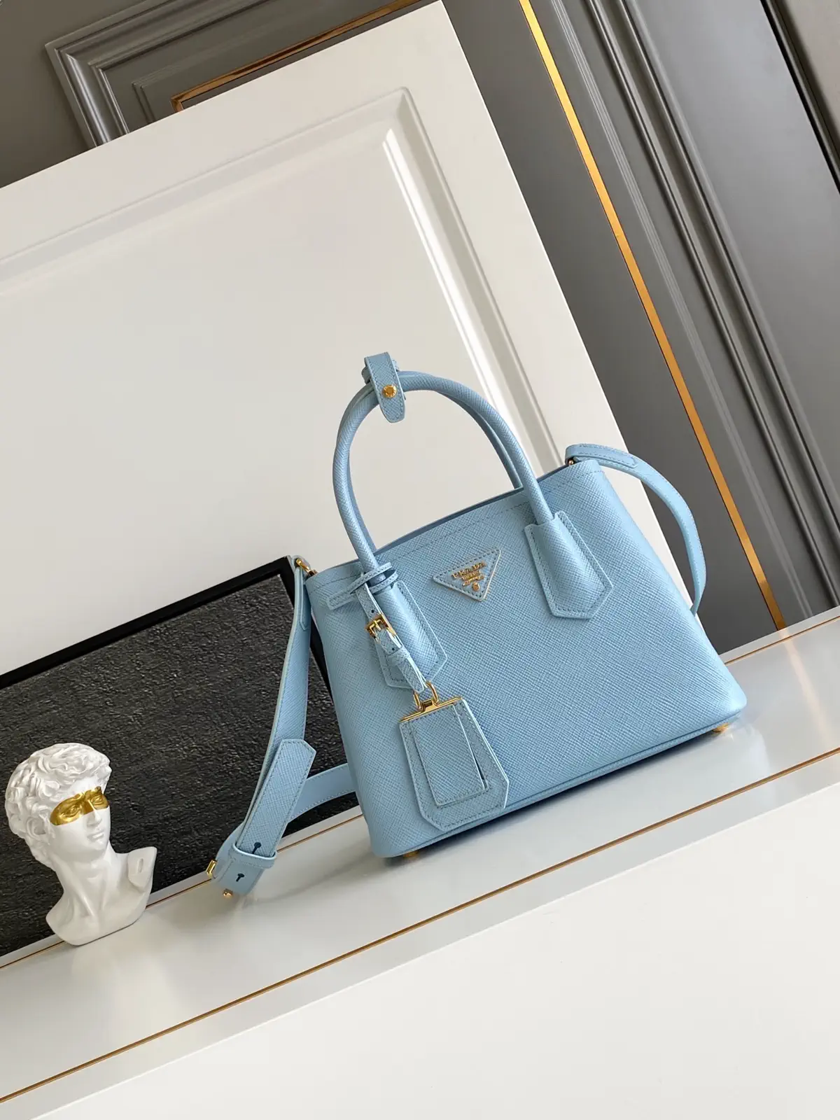 Prada Light Blue Saffiano Leather Double Mini Top Handle Bag image 1
