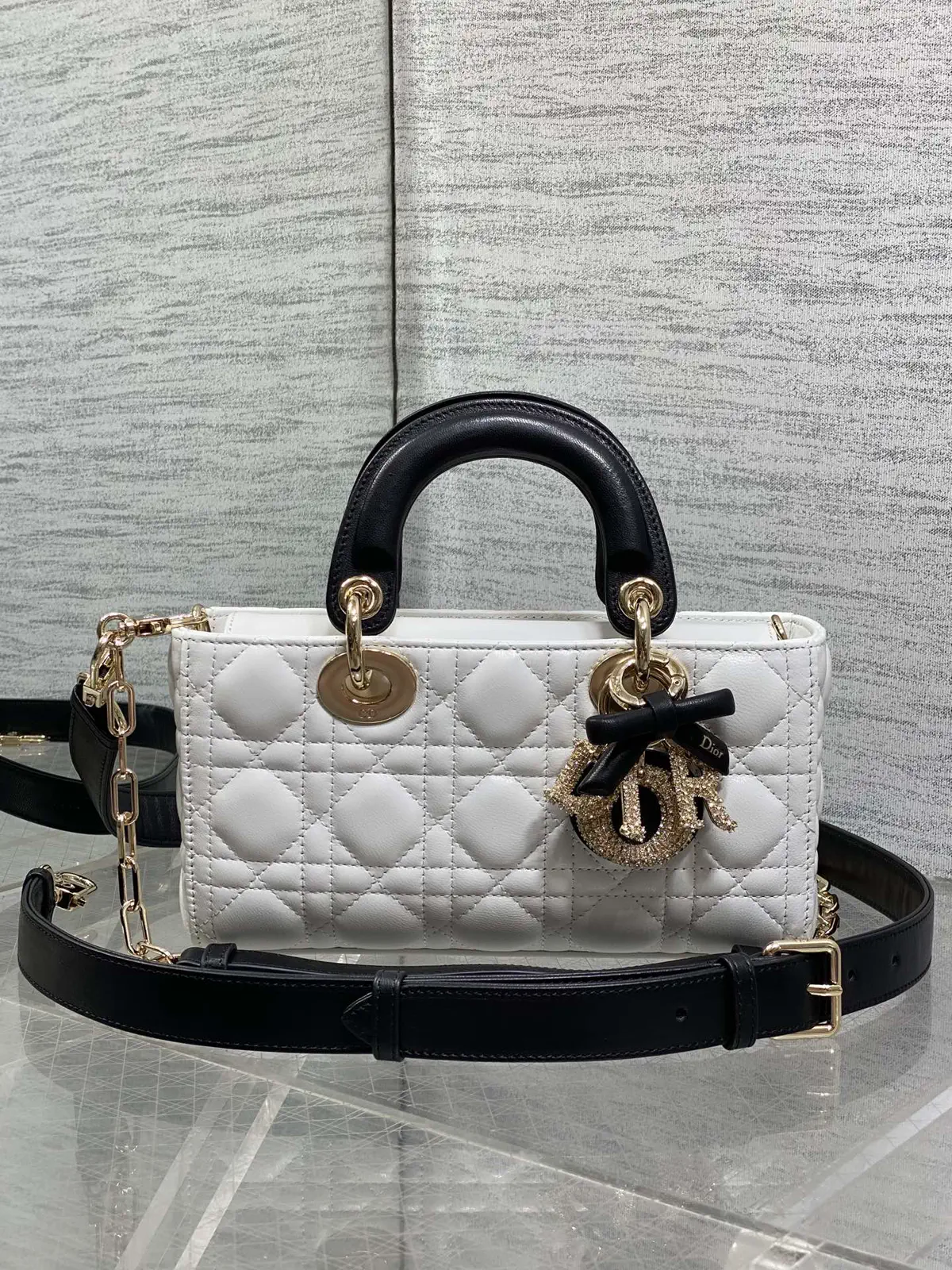 Dior White Quilted Top Handle Bag with Bow Charm image 1
