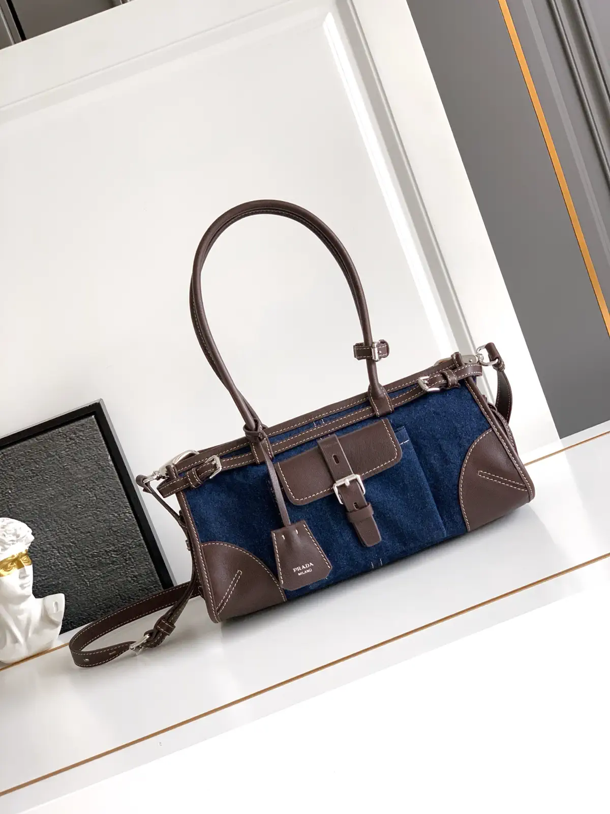 Prada Denim Shoulder Bag with Leather Trim image 1