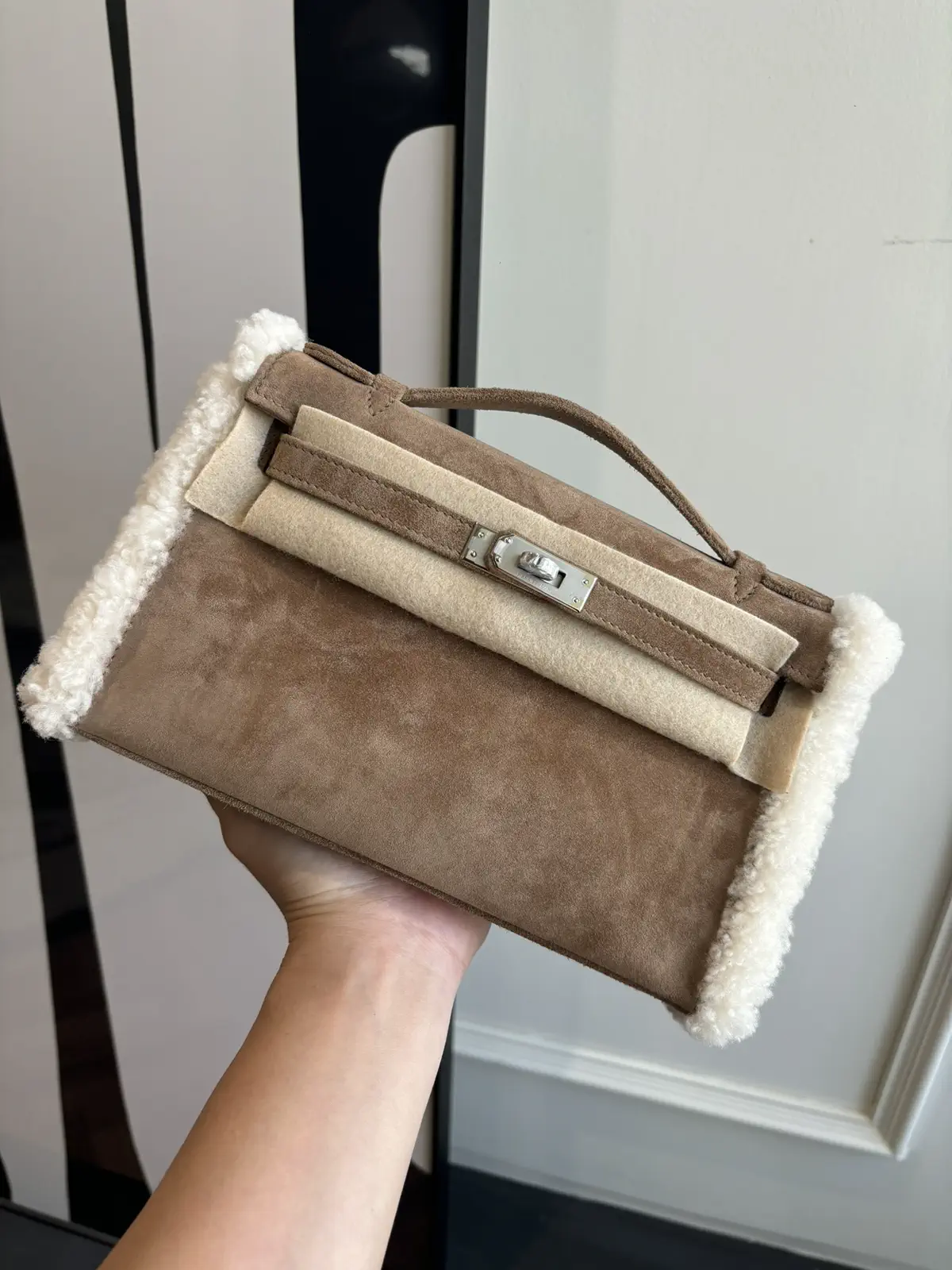 Hermès Suede Shearling Trim Top Handle Bag image 1