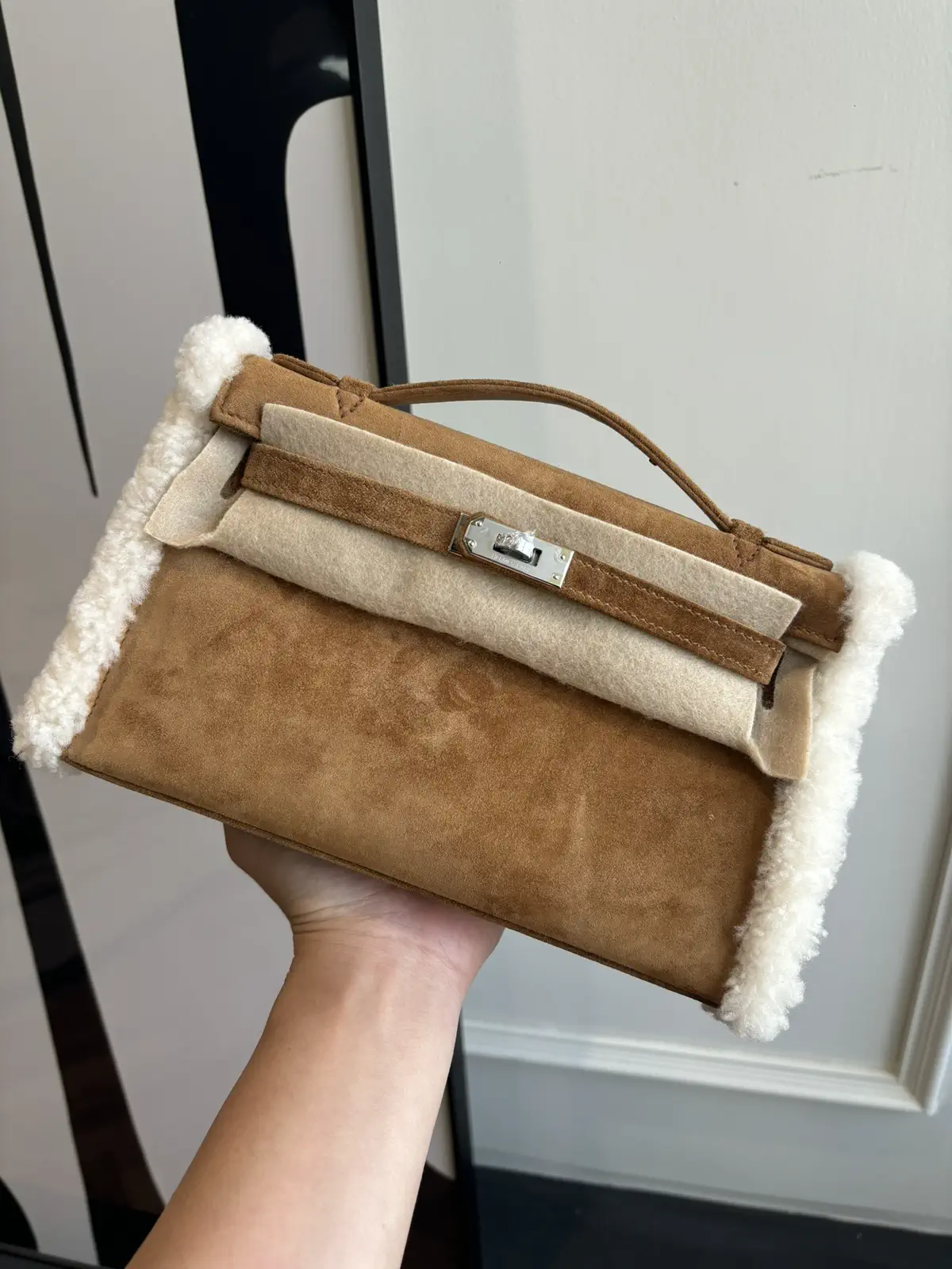 Hermès Suede Shearling Trim Top Handle Bag image 1