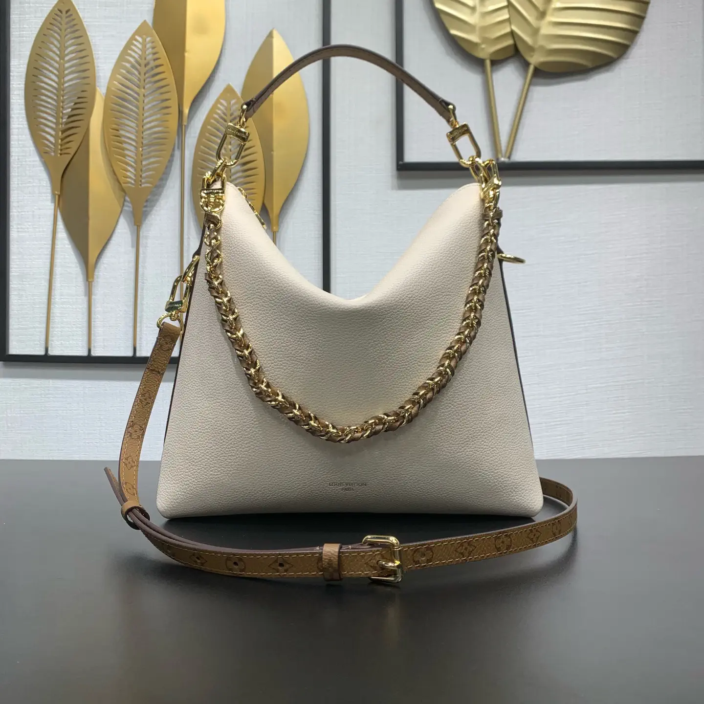 Louis Vuitton Cream Hobo Bag with Monogram Trim and Chain Detail image 1