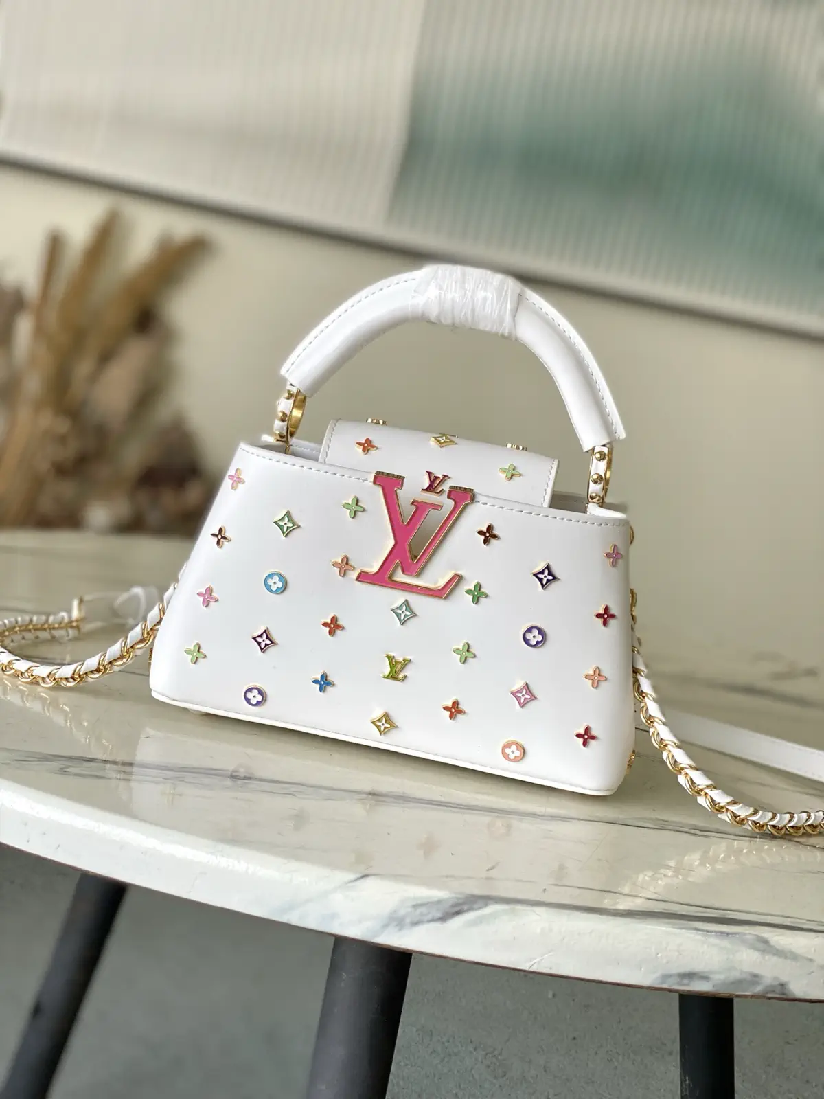 Louis Vuitton White Multicolor Monogram Studs Capucines East-West Mini Top Handle Bag image 1