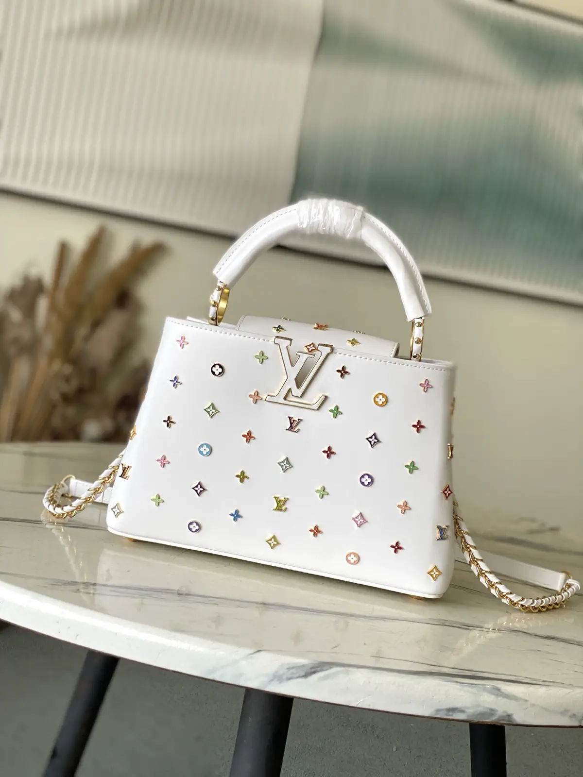 Louis Vuitton White Multicolor Monogram Detail Capucines Top Handle Bag image 1
