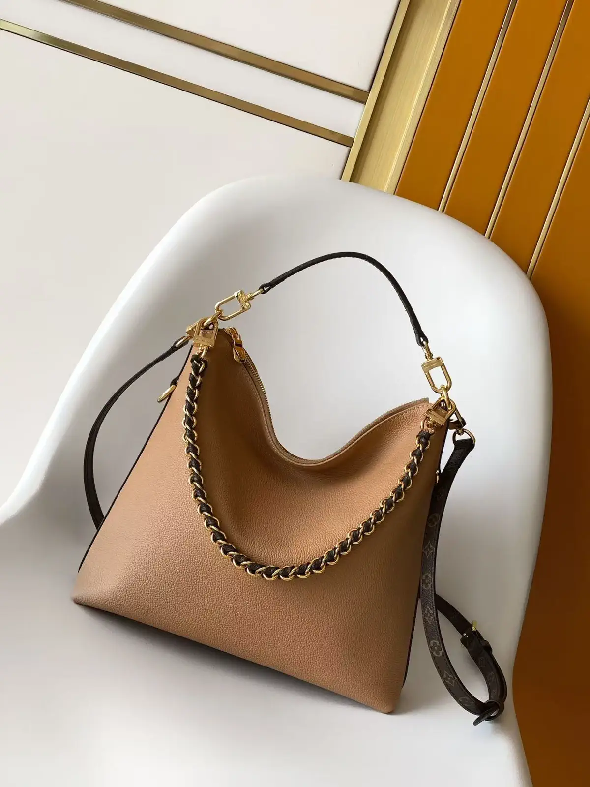 Louis Vuitton Camel Hobo Shoulder Bag with Chain Detail image 1