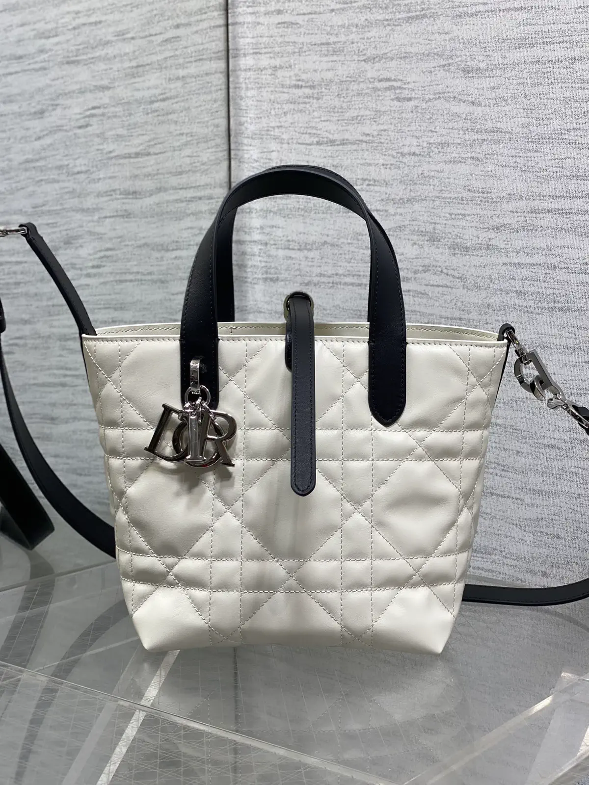 Dior White Quilted Top Handle Bag with Black Trim image 1