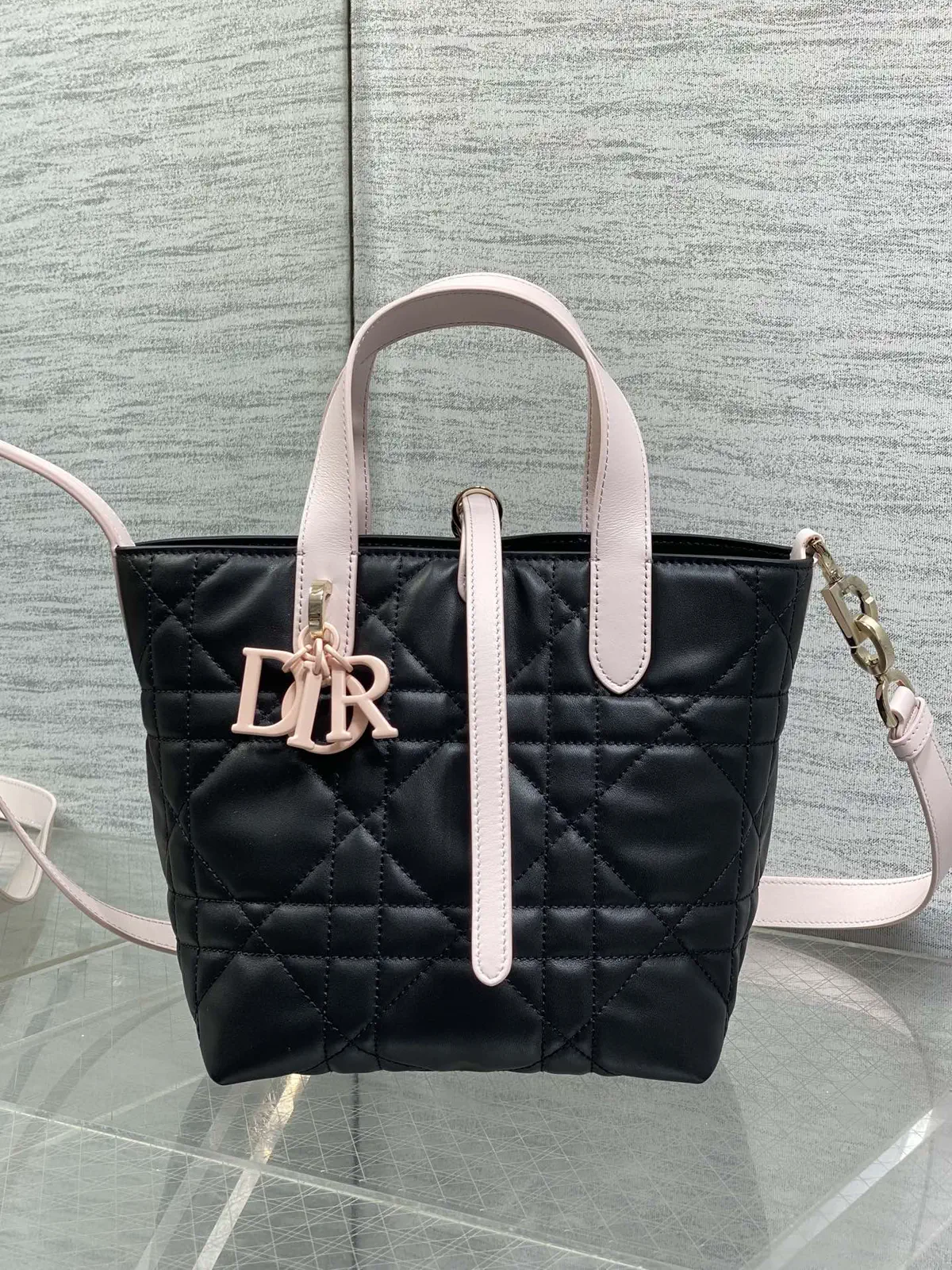 Dior Black Quilted Tote Bag with Light Pink Trim image 1