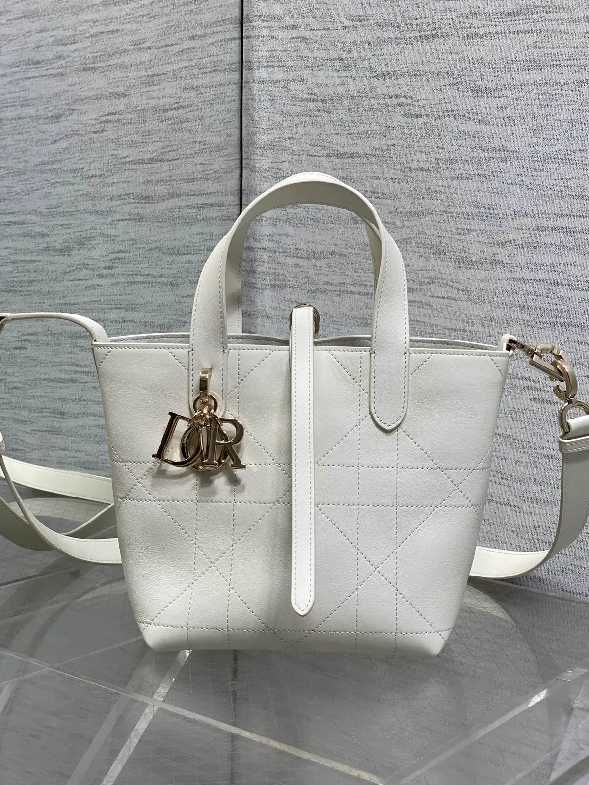 Dior White Quilted Top Handle Bag with Detachable Shoulder Strap image 1