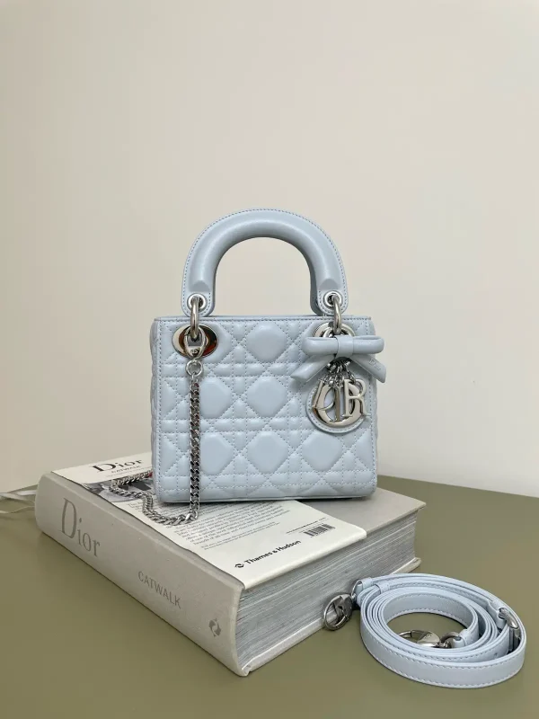 Dior Light Blue Quilted Top Handle Bag with Bow Charm image 1