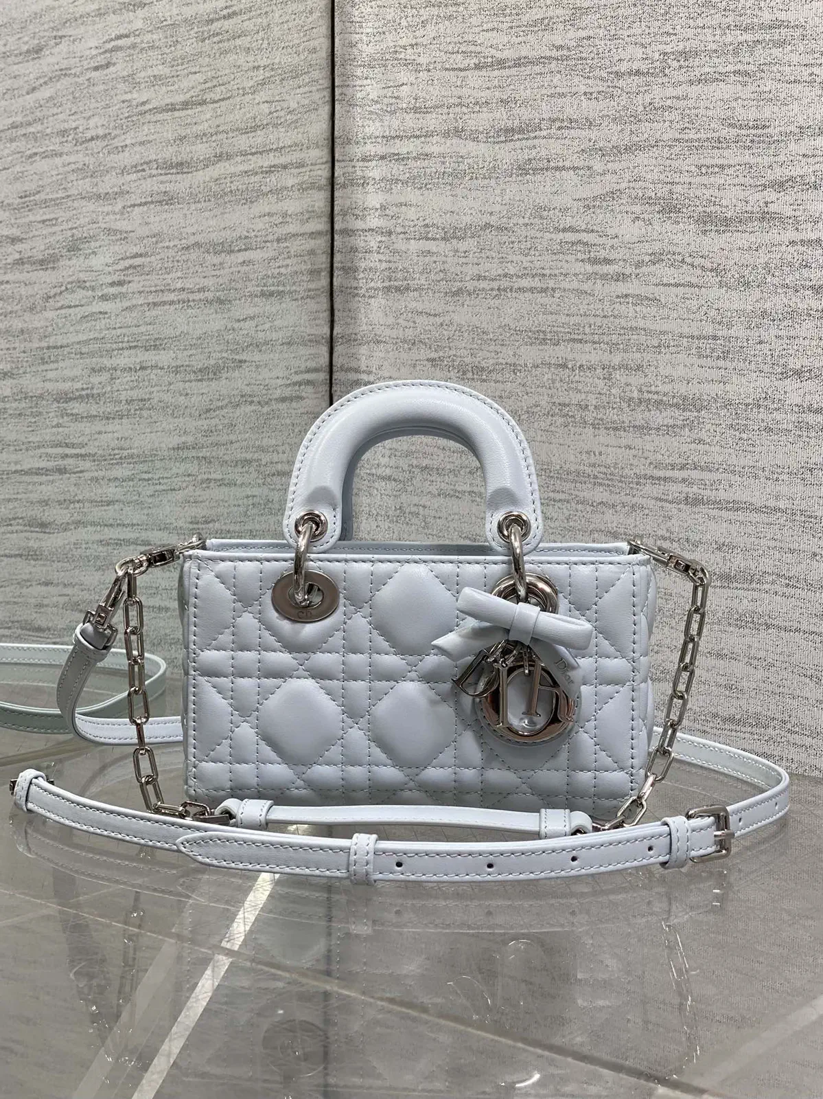 Dior Light Blue Quilted D-Joy Top Handle Bag with Bow Charm image 1
