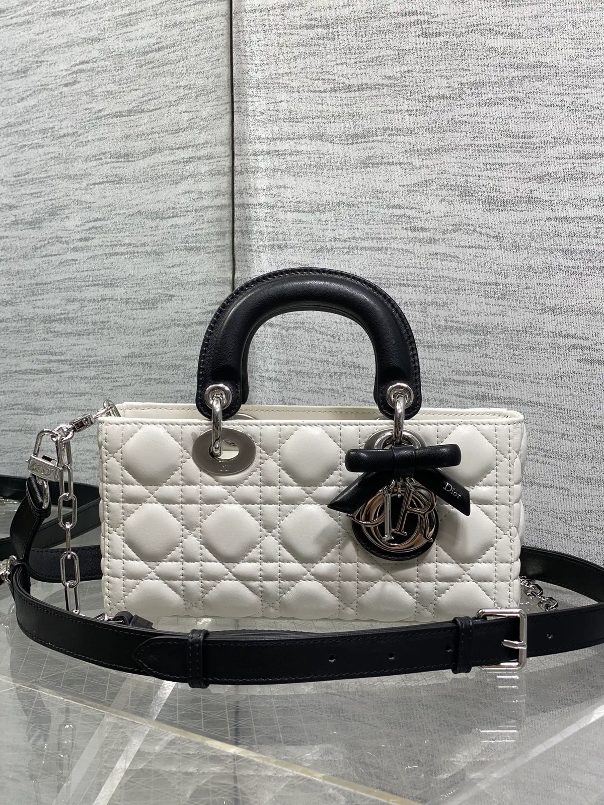 Dior White Quilted D-Joy Top Handle Bag with Black Trim image 1