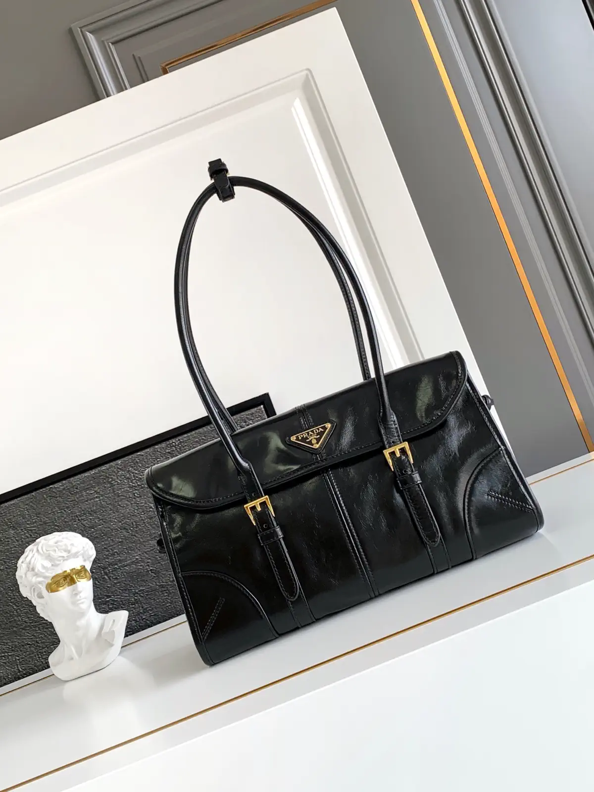 Prada Black Leather Shoulder Bag with Double Buckles image 1