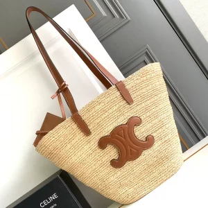 CELINE Straw Tote Bag with Leather Trim image 1