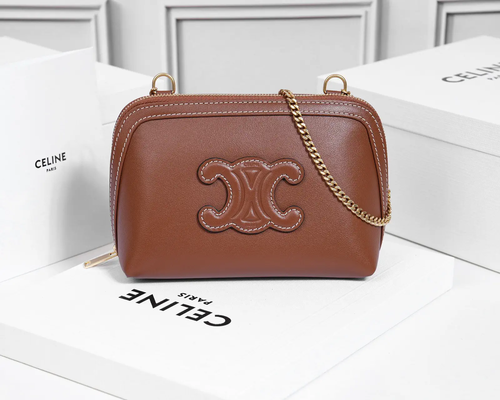 CELINE Brown Leather Chain Crossbody Bag image 1