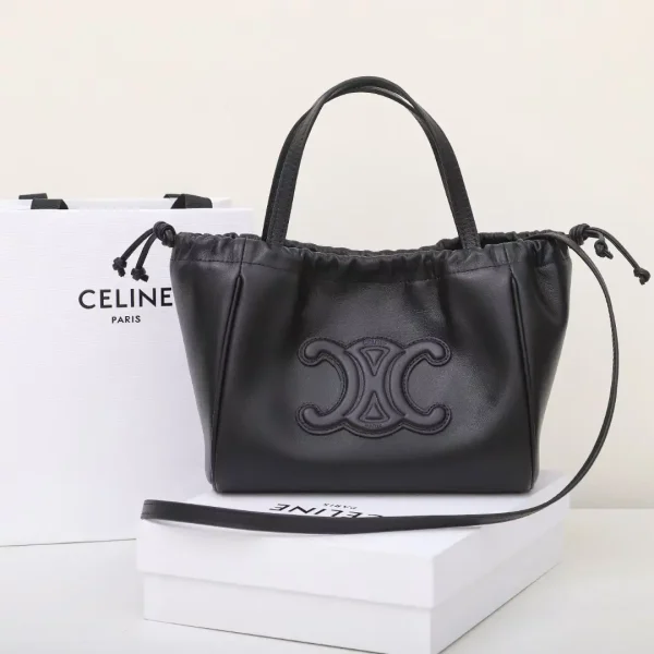 CELINE Black Leather Drawstring Top Handle Bag with Triomphe Logo image 1