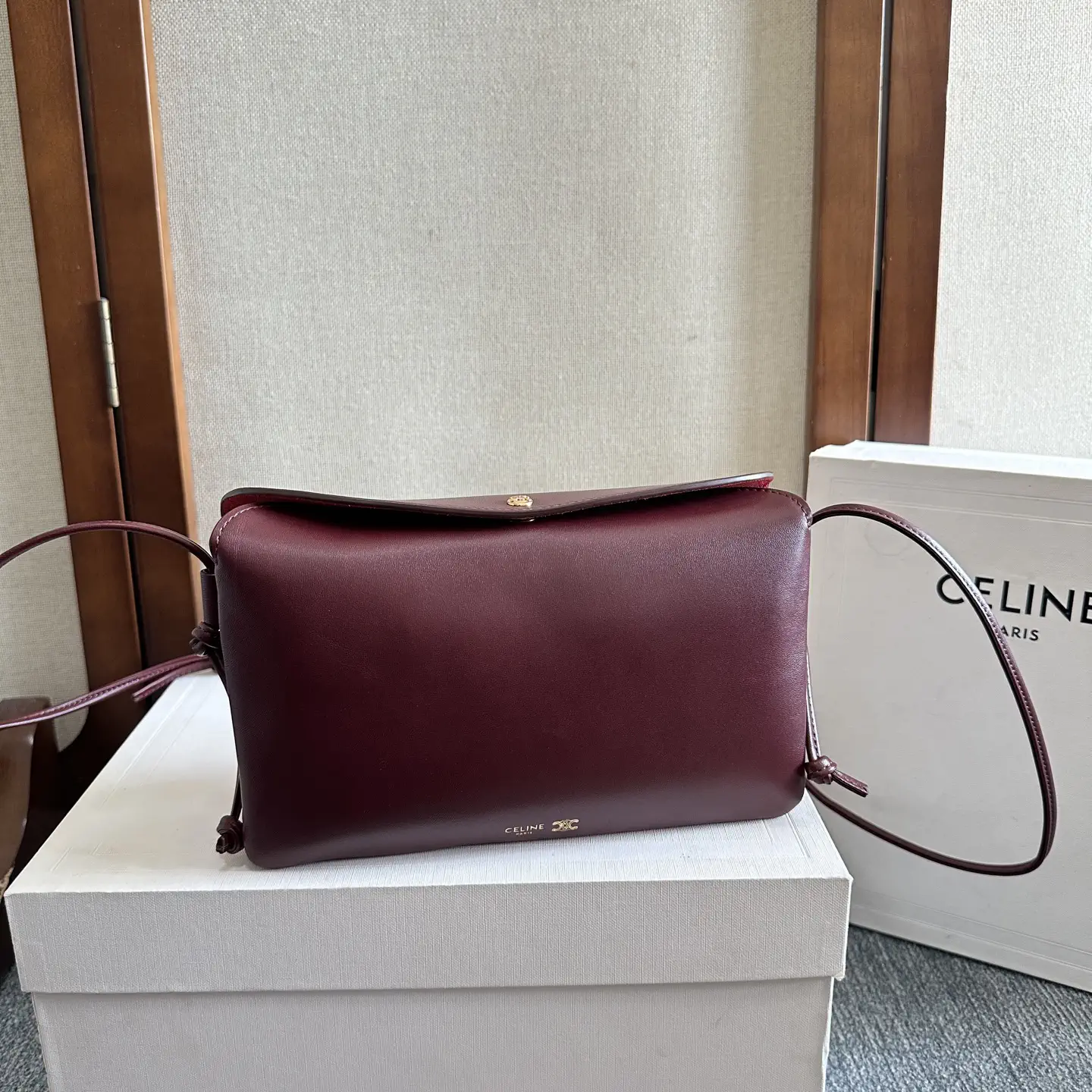CELINE Burgundy Leather Trio Flap Mini Crossbody Bag image 1
