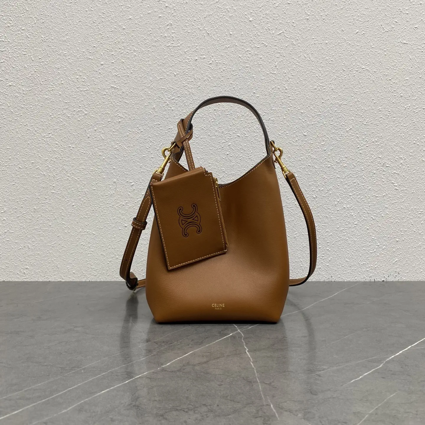 CELINE Tan Leather Hobo Bucket Bag with Detachable Pouch image 1