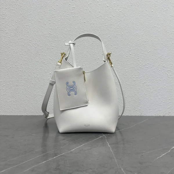 CELINE White Leather Hobo Bucket Bag with Attached Pouch image 1