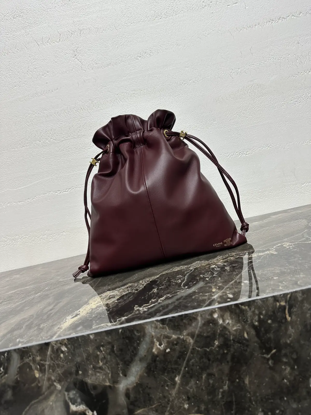 CELINE Burgundy Leather Drawstring Pouch Bag image 1