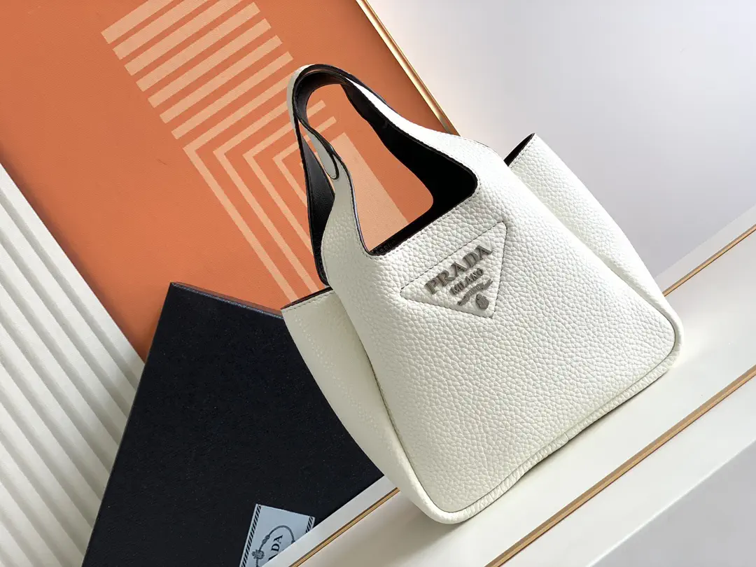 Prada White Pebbled Leather Tote Bag image 1