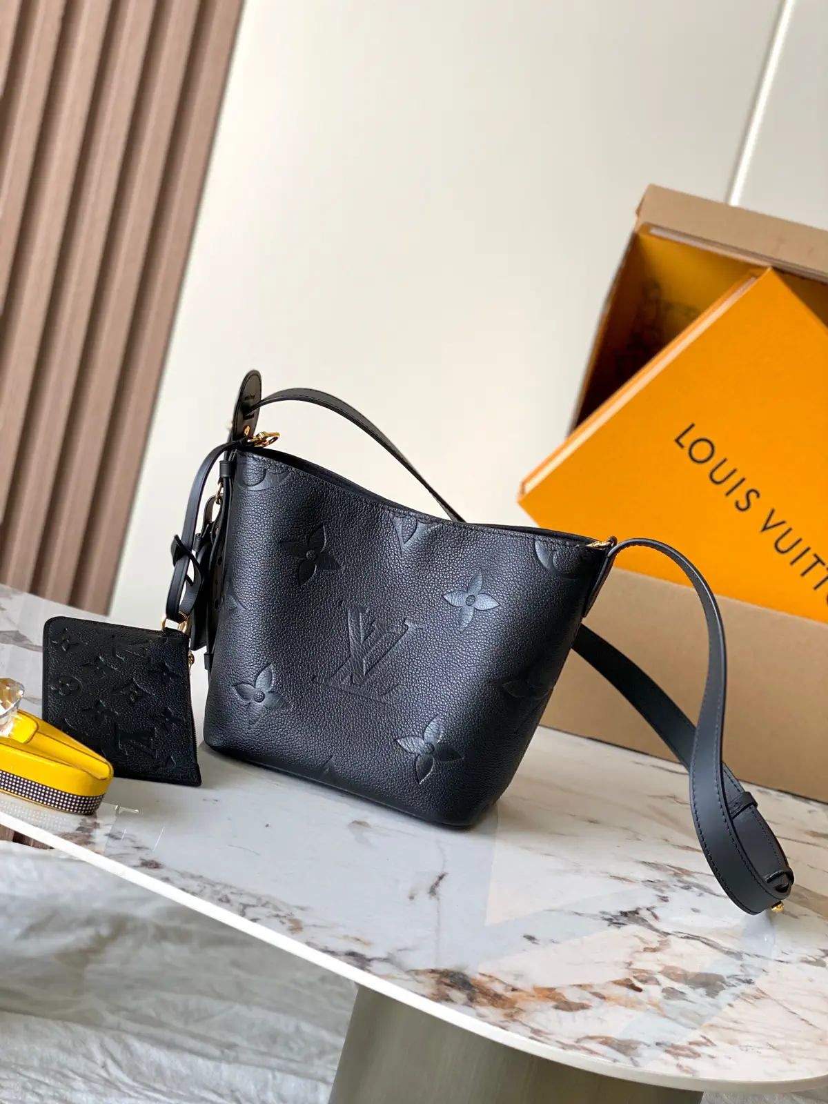 Louis Vuitton Black Embossed Leather Bucket Bag with Pouch image 1