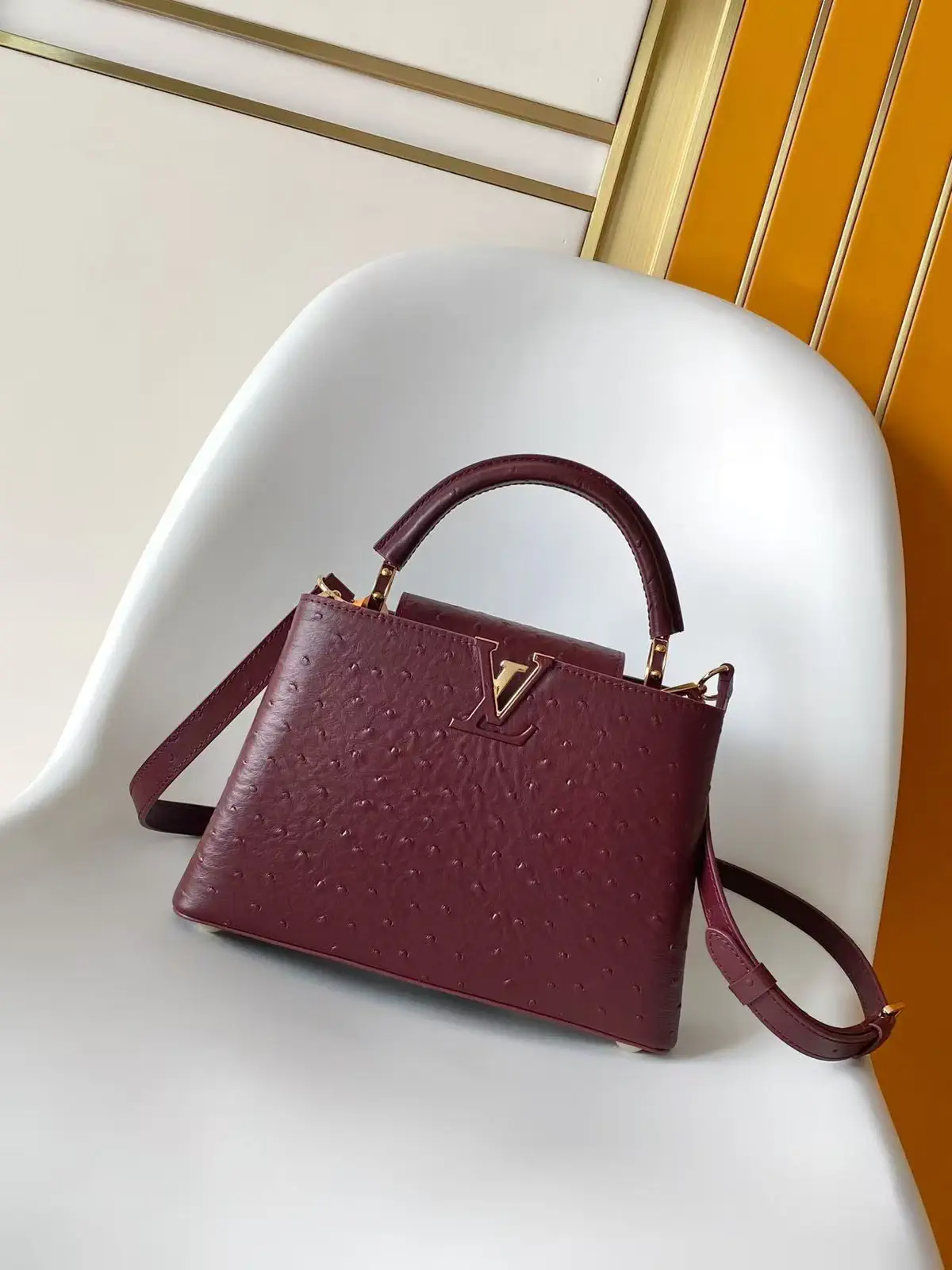 Louis Vuitton Burgundy Ostrich-Embossed Capucines BB Top Handle Bag image 1