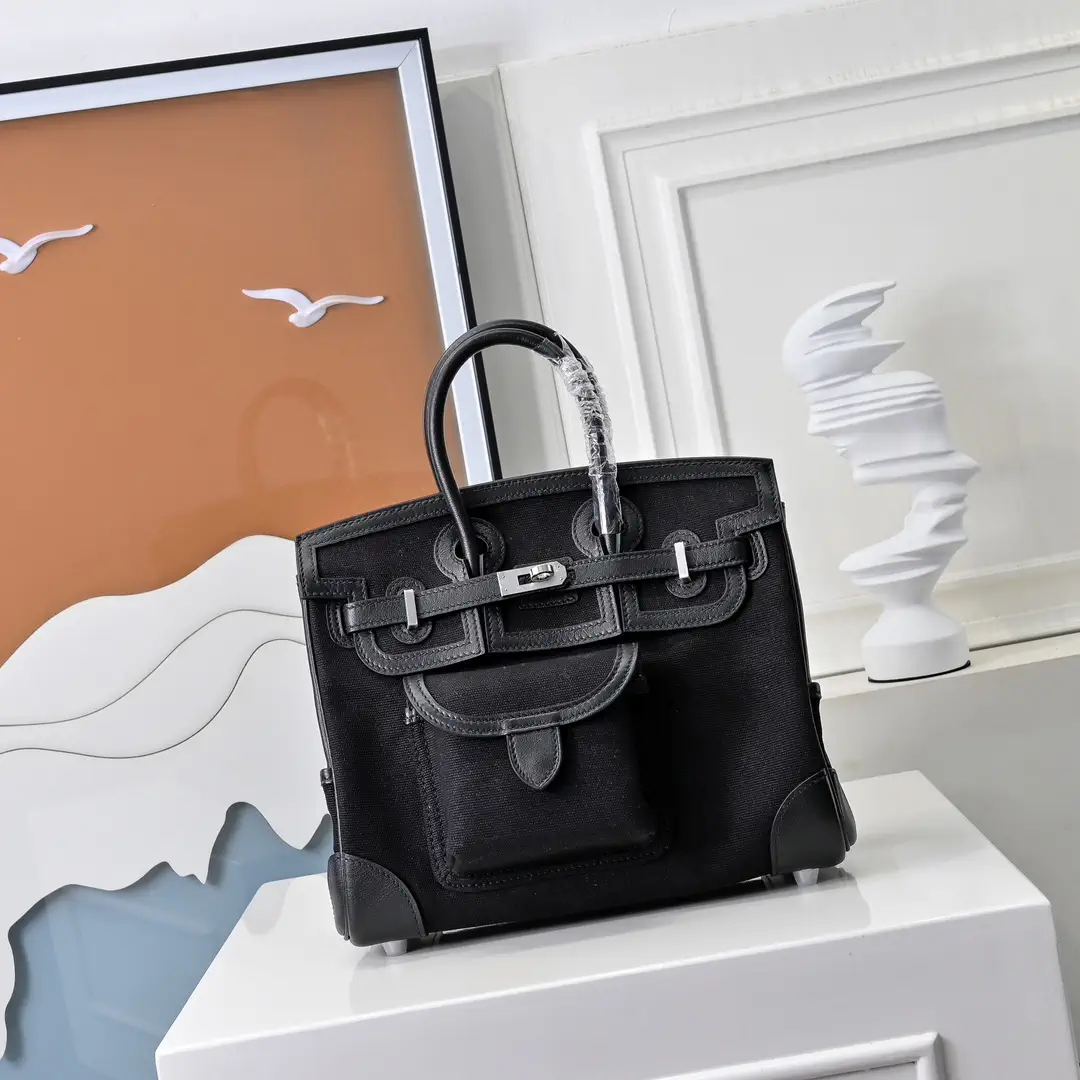Hermès Black Leather and Canvas Top Handle Bag image 1