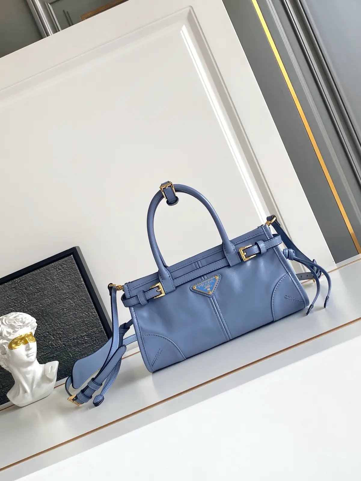 Prada Light Blue Mini Top Handle Bag with Detachable Strap image 1