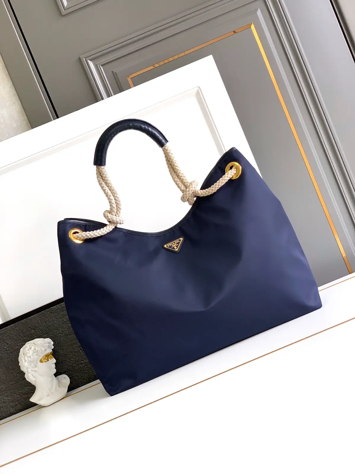 Prada Navy Nylon Tote Bag with Rope Handles image 1
