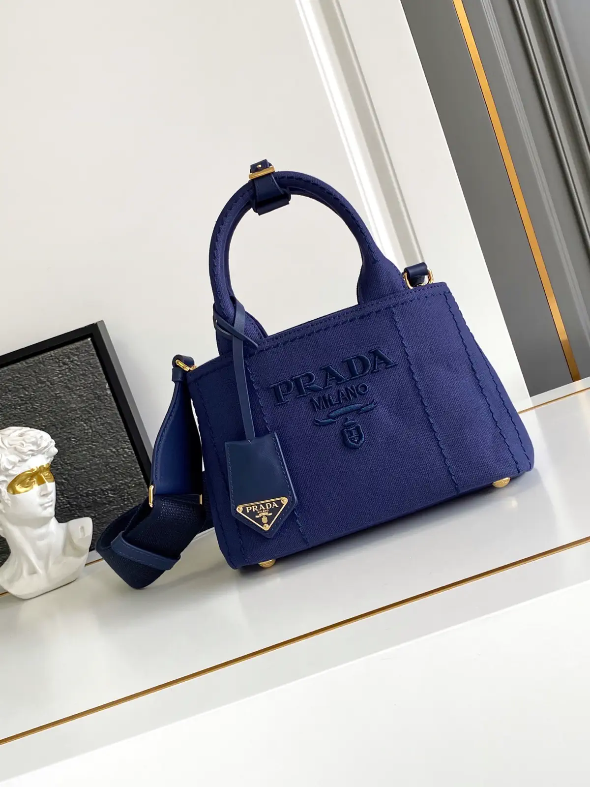 Prada Navy Blue Canvas Mini Top Handle Bag image 1