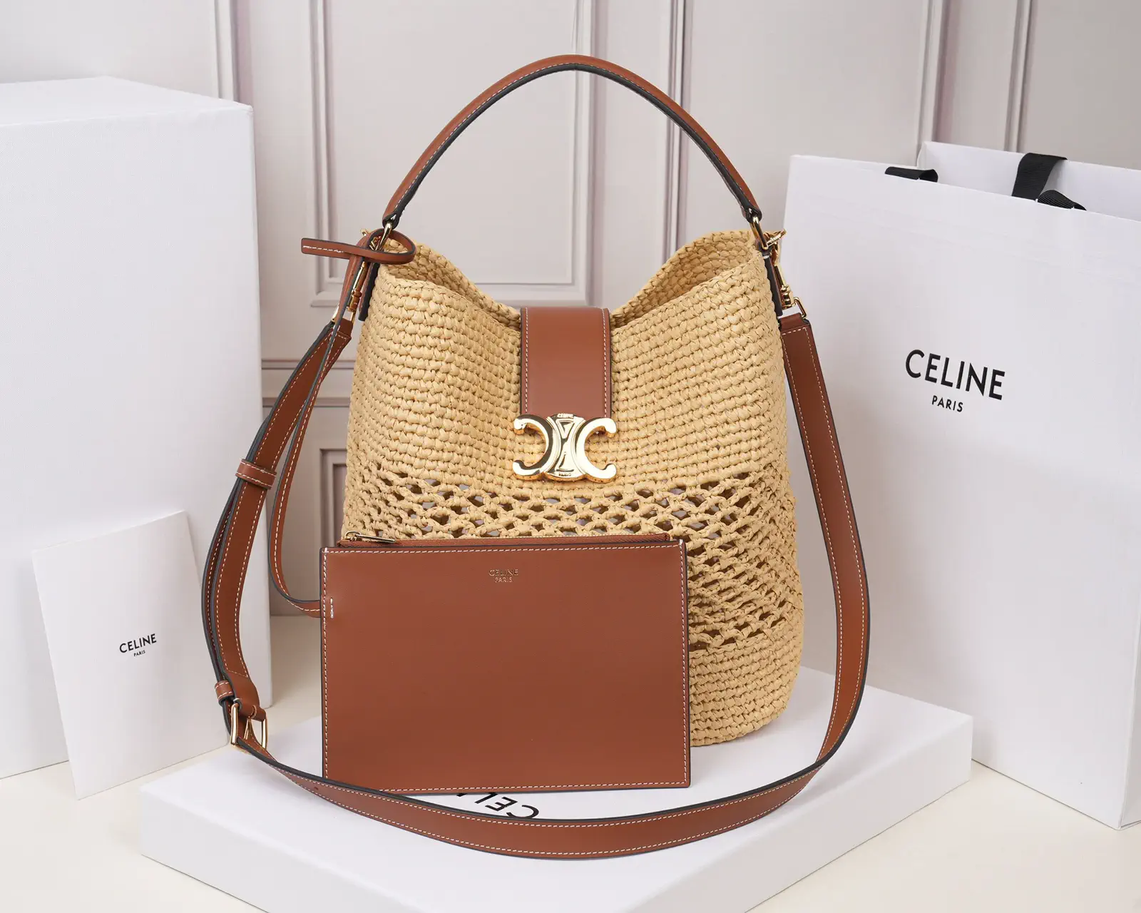 CELINE Woven Bucket Bag with Leather Trim and Pouch image 1