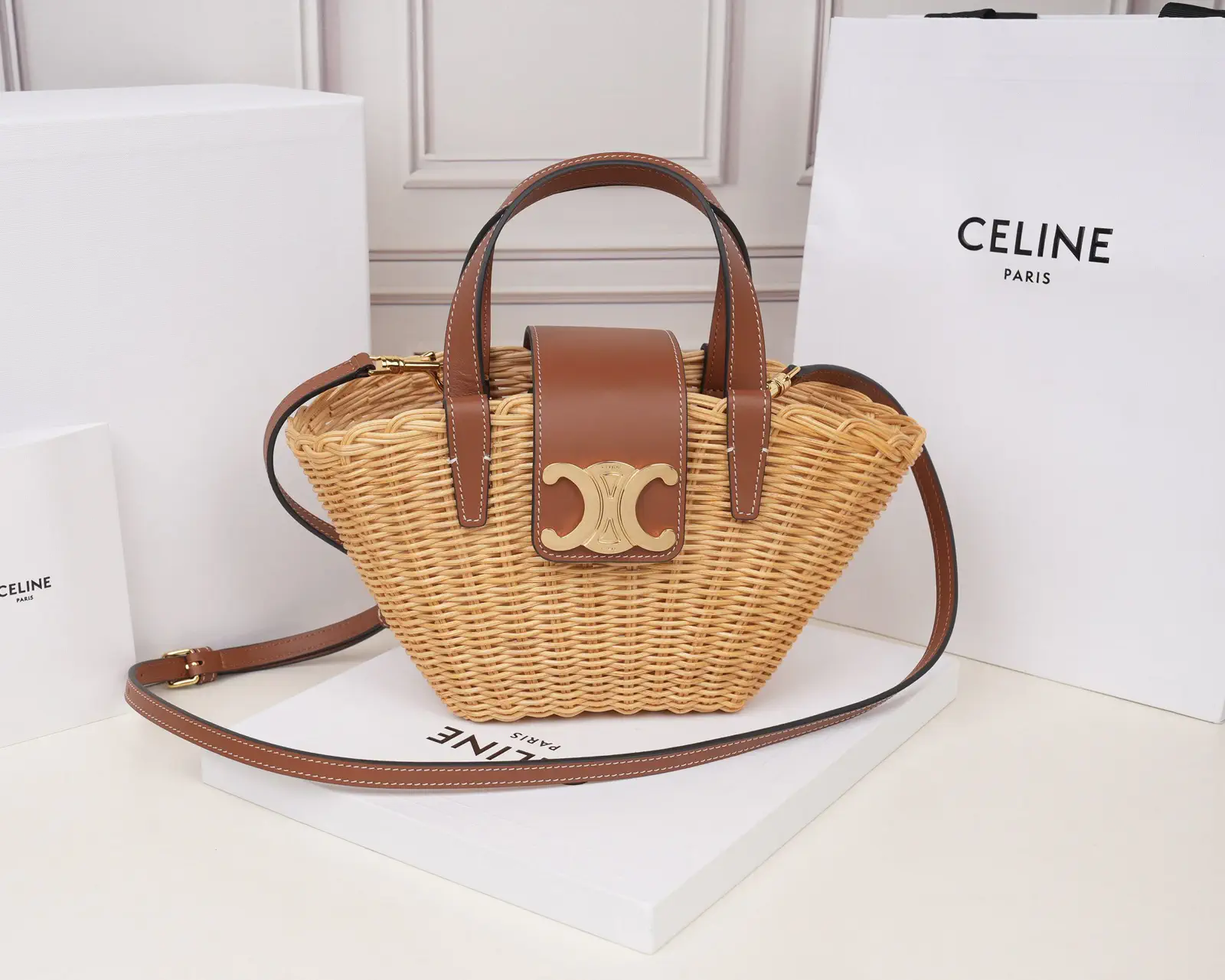 CELINE Woven Basket Top Handle Bag with Leather Trim image 1