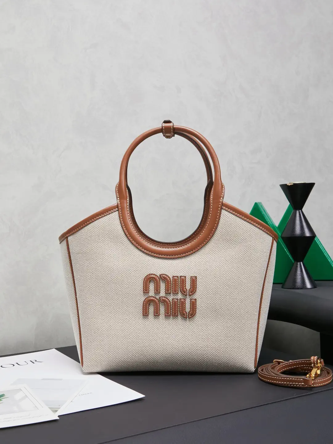 Miu Miu Canvas Tote Bag with Leather Trim image 1