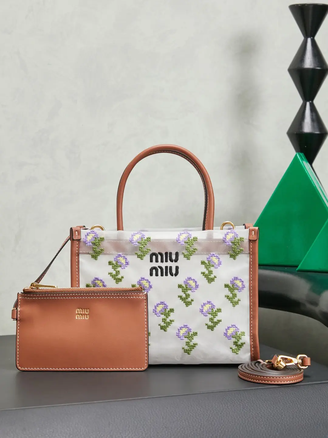 Miu Miu Floral Embroidered Mesh Mini Tote Bag image 1