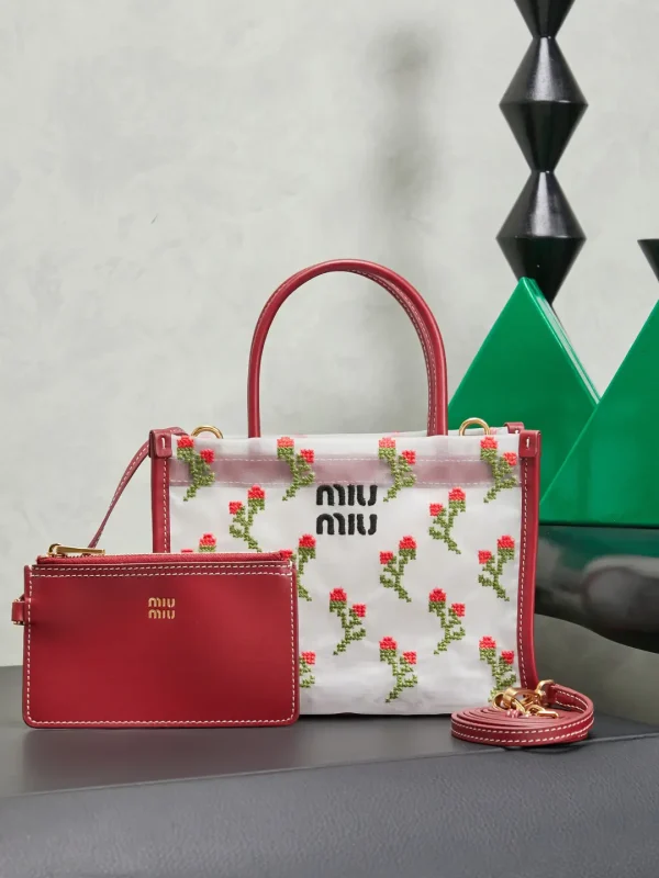 Miu Miu Floral Embroidered Mesh Mini Tote Bag image 1