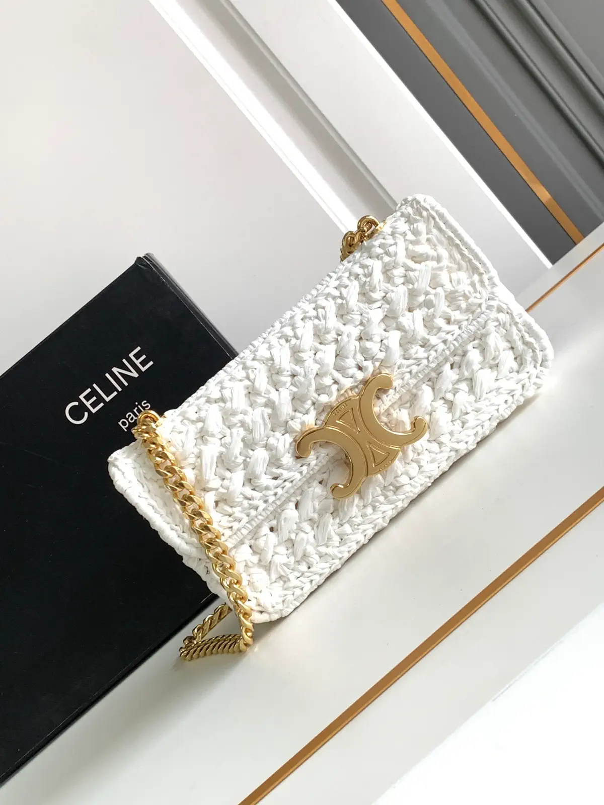 CELINE White Woven Triomphe Chain Shoulder Bag image 1