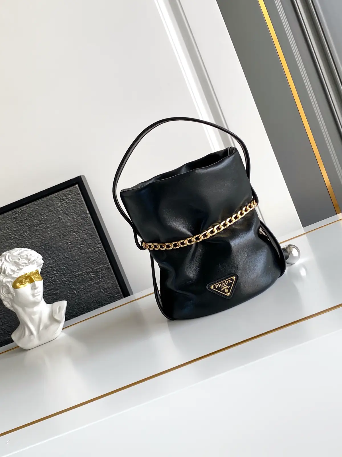 Prada Black Bucket Bag with Gold Chain Detail image 1