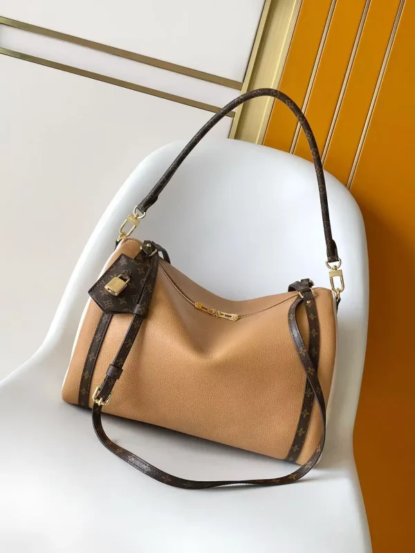Louis Vuitton Camel Leather Hobo Bag with Monogram Trim image 1